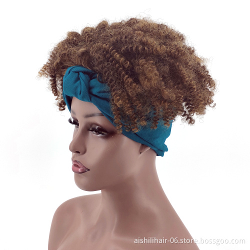 Aishili wholesale cheap short brown hair kinky afro deep curly synthetic headband wigs for women